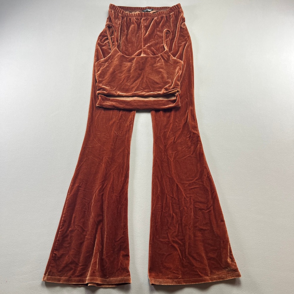 Fashion Nova 2 Piece Camisole Top & Pant Set Womens XS Brown Velvet Cropped